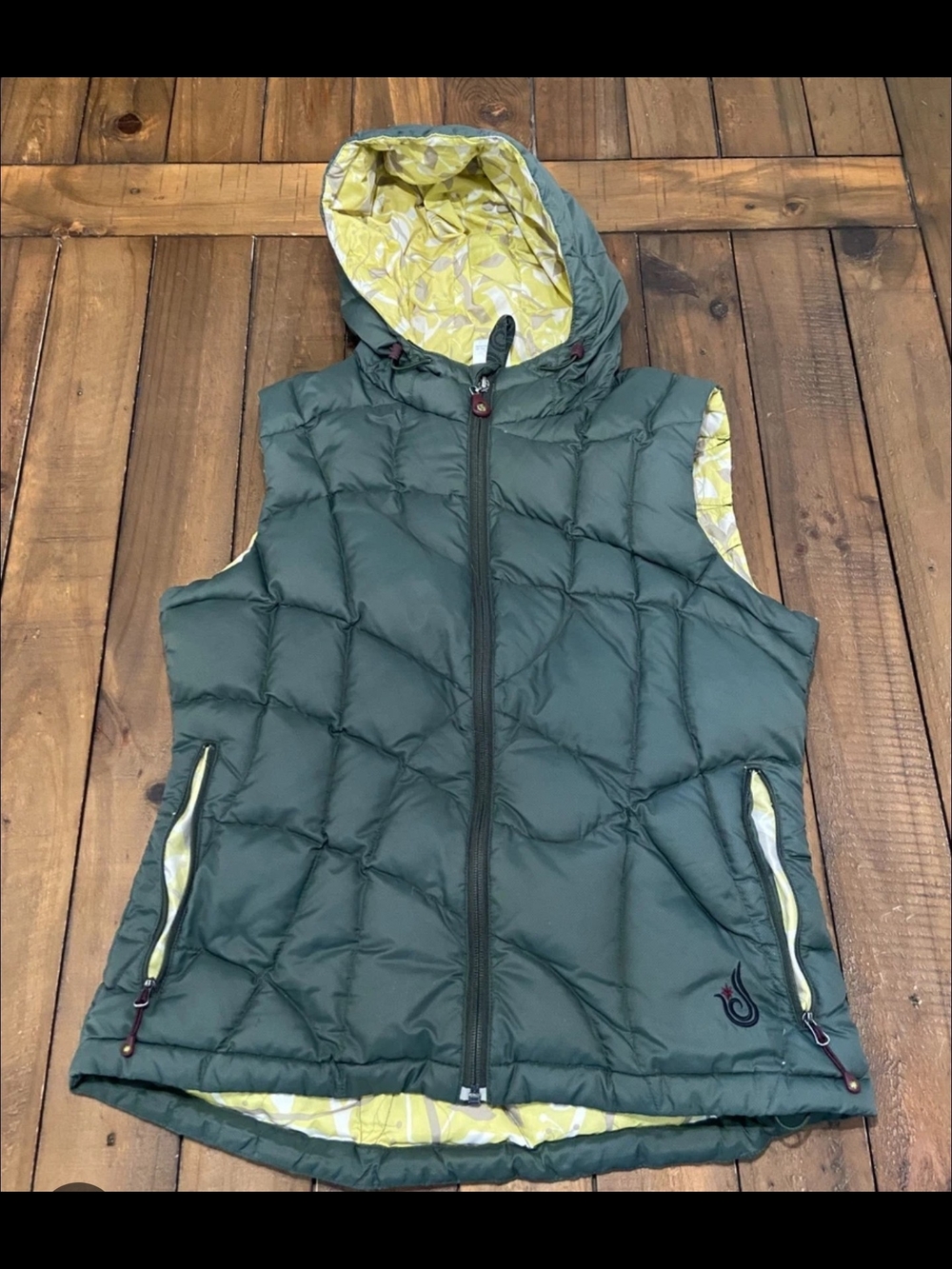Isis Quilted Hooded Puffer Vest in Sage Green with Yellow Lining